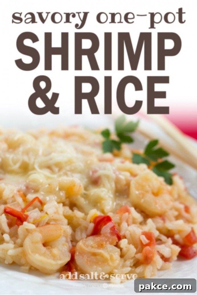 A visually appealing Pinterest-ready image showcasing a white plate filled with fluffy savory one-pot shrimp and rice, garnished with diced tomatoes, bell pepper strips, and melted Monterey Jack cheese. The image includes text overlay: 'Savory One-Pot Shrimp & Rice - Add Salt & Serve (formerly menus4moms)'