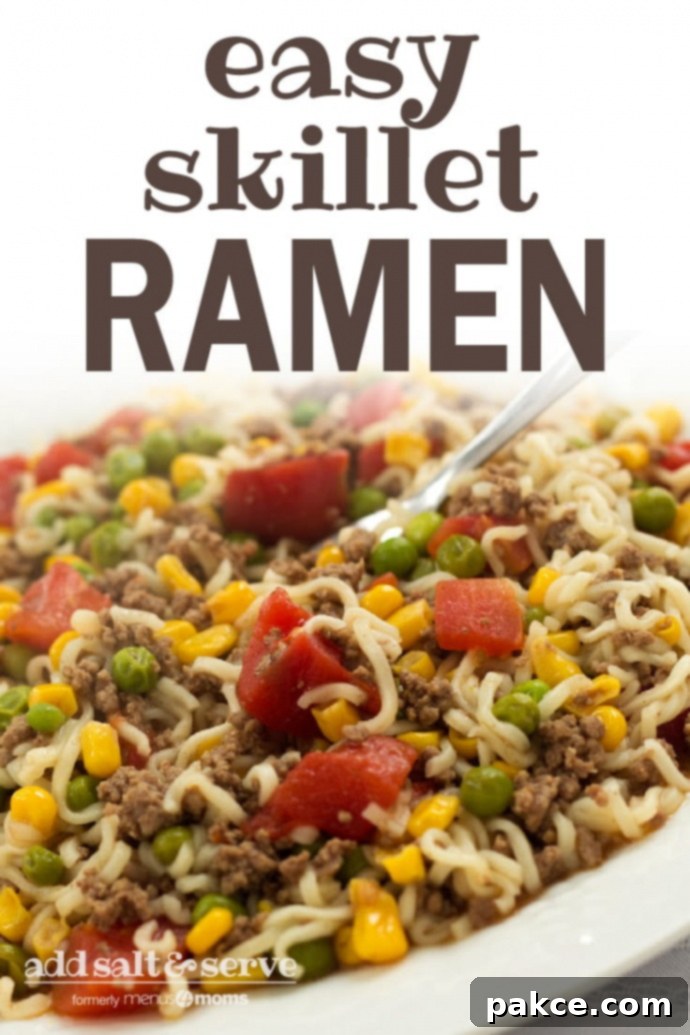 Ground beef, corn, peas, diced tomatoes, and ramen noodles on a white plate; text reads 'Easy Skillet Ramen - Add Salt & Serve'