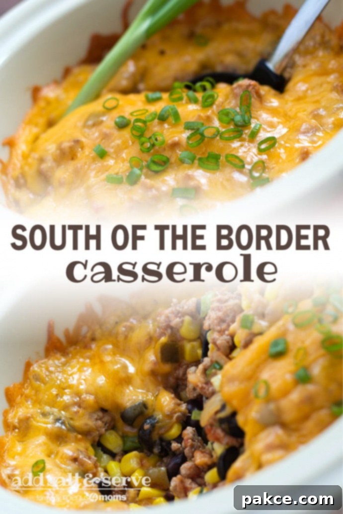 South of the Border Casserole Top photo is South of the Border Casserole in a white bowl with a serving spoon. Bottom photo is A white bowl with a mixture of corn, black beans, black olives, ground turkey, cheese, and sliced green onions. Text South of the border casserole add salt & serve formerly menus4moms