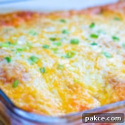 Cheese and Onion Enchiladas 9 A clear glass baking dish filled with eight baked cheese and onion enchiladas, generously topped with melted shredded cheese and fresh green onions. The dish is presented on a textured background.