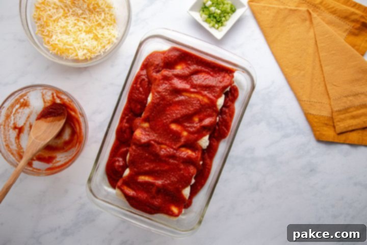 Cheese and Onion Enchiladas 7 A baking dish filled with assembled cheese and onion enchiladas, generously covered with homemade red enchilada sauce, before the final cheese topping is added.