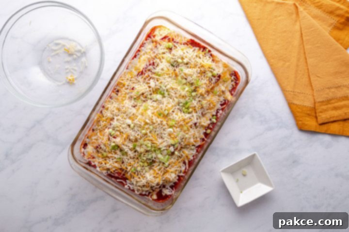 Cheese and Onion Enchiladas 8 A freshly baked pan of cheese and onion enchiladas, topped with perfectly melted shredded cheese and garnished with vibrant fresh green onions, ready to be served.