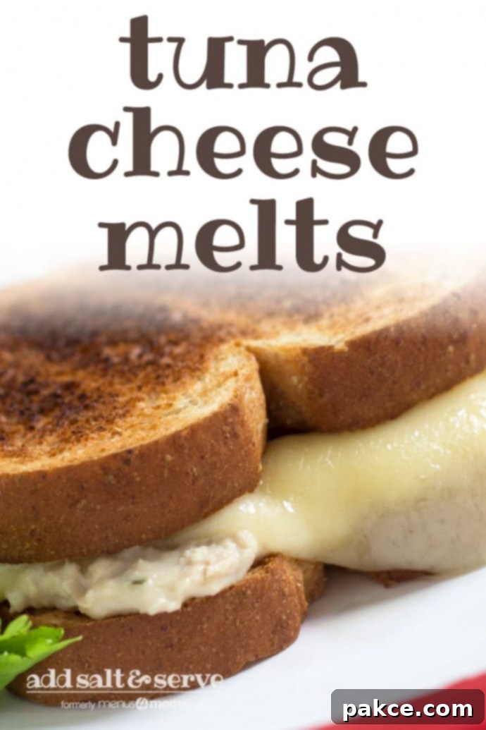 Tuna and a slice of melted swiss cheese on two pieces of toasted bread on a white plate; text tuna cheese melts add salt & serve formerly menus4moms