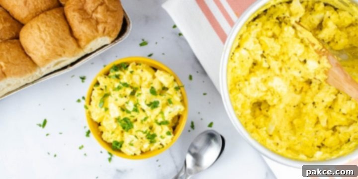 Prepared egg salad garnished with chopped parsley in a white bowl with a yellow rim with whole wheat rolls in the background
