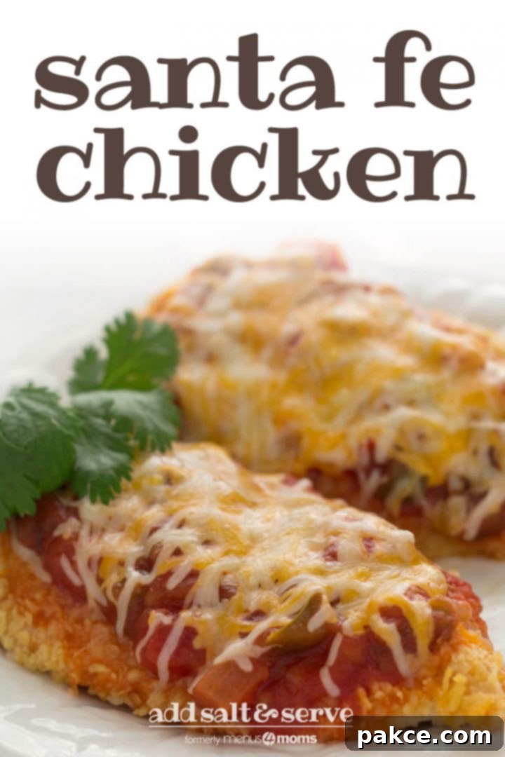 Two chicken breasts coated with cracker crumbs, and topped with salsa and melted shredded cheese, on a white plate. Text santa fe chicken add salt & serve formerly menus4moms