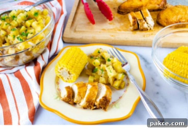 Photo is a clear glass bowl of diced potatoes sitting on an orange and white striped linen napkinn, a wooden cutting board with tongs and sliced chicken, a clear glass bowl of corn on the cob, and a plate with a small corn cob, diced potatoes, and sliced chicken. The plate is off-white with a yellow rim. There is a fork on the plate beside the potatoes.