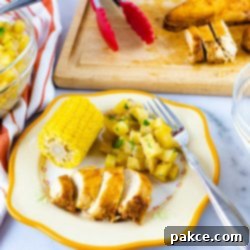 Fall-Off-The-Bone Crockpot BBQ Chicken 2 Photo is a clear glass bowl of diced potatoes sitting on an orange and white striped linen napkinn, a wooden cutting board with tongs and sliced chicken, and a plate with a small corn cob, diced potatoes, and sliced chicken. The plate is off-white with a yellow rim. There is a fork on the plate beside the potatoes.
