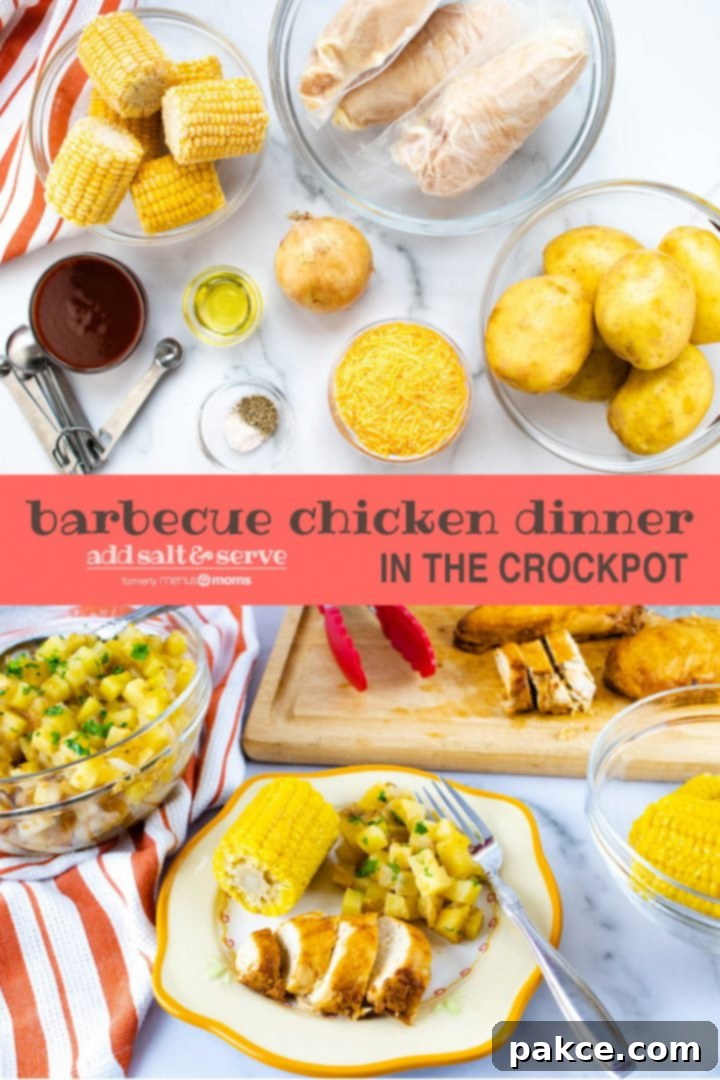 Top photo is a clear glass bowl with small corn on the cob, clear glass bowl with individually wrapped chicken breasts, clear glass bowl of whole, unpeeled potatoes, bowl of shredded cheddar cheese, bowl with salt and pepper, metal measuring spoons, bowl of barbecue sauce, bowl of oil, and an onion, all on a white marble countertop with an orange and white striped napkin. Bottom photo is a clear glass bowl of diced potatoes sitting on an orange and white striped linen napkinn, a wooden cutting board with tongs and sliced chicken, a clear glass bowl of corn on the cob, and a plate with a small corn cob, diced potatoes, and sliced chicken. The plate is off-white with a yellow rim. There is a fork on the plate beside the potatoes. Text is barbecue chicken dinner in the crockpot add salt & serve formerly menus4moms