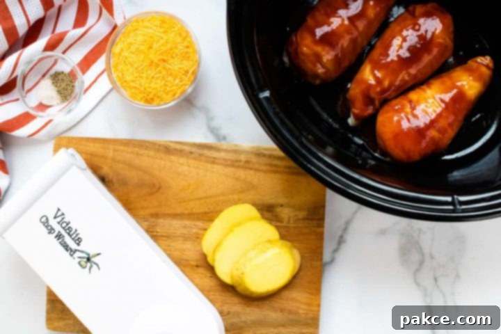 Small bowl with salt and pepper sitting on an orange and white striped napkin, a bowl of shredded cheddar cheese, a slow cooker with three chicken breasts in barbecue sauce, a wooden cutting board with sliced potatoes, and a Vidalia Chop Wizard.