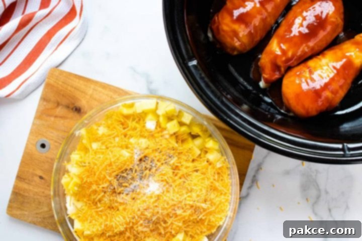 An orange and white striped linen napkin on a white marble countertop with a slow cooker with three chicken breasts in barbecue sauce. A wooden cutting board with a bowl of diced potatoes and onions, shredded cheddar cheese, and salt and pepper.