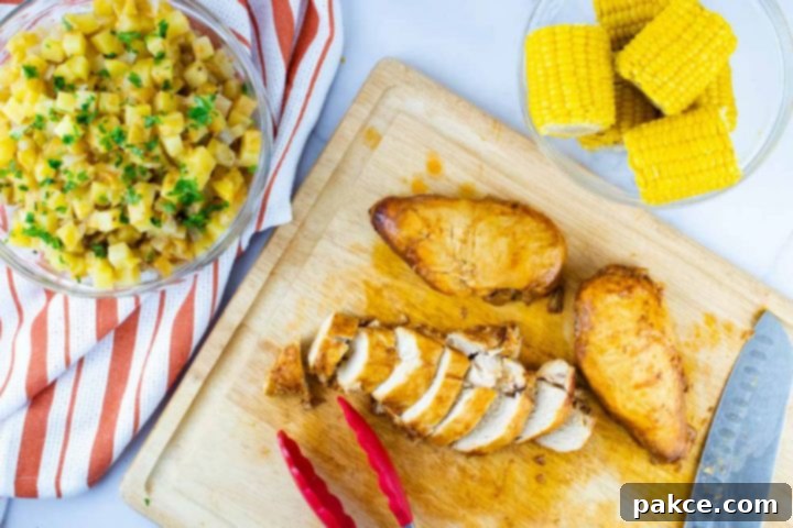 A clear glass bowl with diced potatoes sitting on an orange and white striped napkin, a clear glass bowl with small corn cobs, and a wooden cutting board with two whole chicken breasts and one sliced chicken breast. There is a set of tongs and a Santoku Knife on the cutting board.