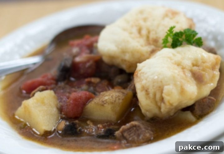 White bowl of beef stew with two dumplings on top. Stew consists of brown broth, diced beef, chopped potatoes, and stewed tomatoes. There is a spoon in the bowl on the left side.