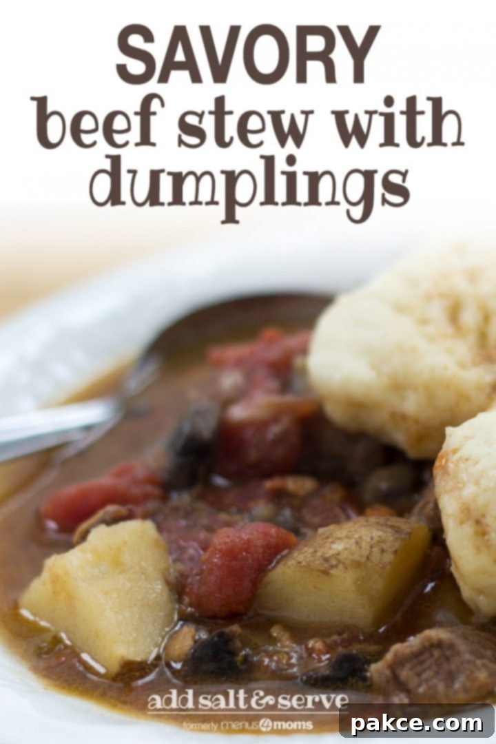 White bowl of beef stew with two dumplings on top. Stew consists of brown broth, diced beef, chopped potatoes, and stewed tomatoes. There is a spoon in the bowl on the left side. Text savory beef stew with dumplings add salt&serve, formerly menus4moms.
