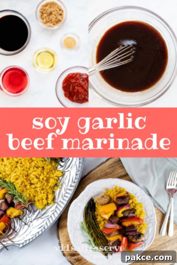 soy-garlic-beef-marinade-pin-min Composite image with top left showing overhead shot of bowls with red wine vinegar, soy sauce, brown sugar, olive oil, garlic salt, and ketchup and top right image showing those ingredients combined in a bowl and being whisked together; bottom image shows a plate of cooked beef and vegetable kabobs over yellow rice served with grilled asparagus and text soy garlic beef marinade Add Salt & Serve. Perfect for Pinterest!