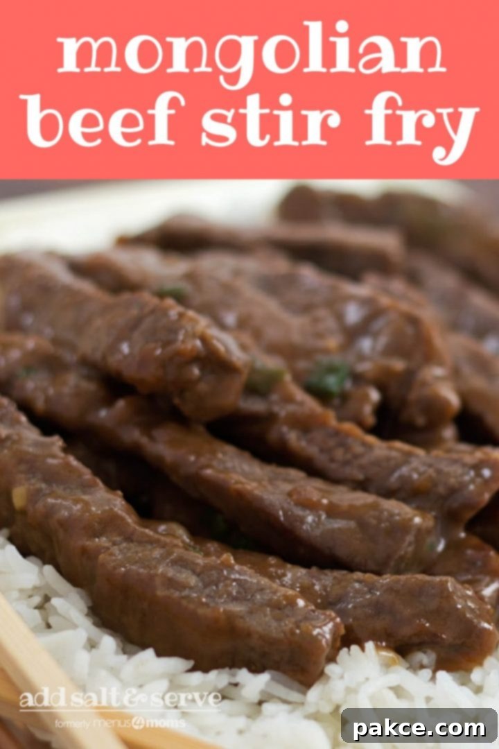 Sliced steak with a sauce on a bed of rice with chopsticks in the foreground. Text mongolian beef stir fry add salt & serve formerly menus4moms