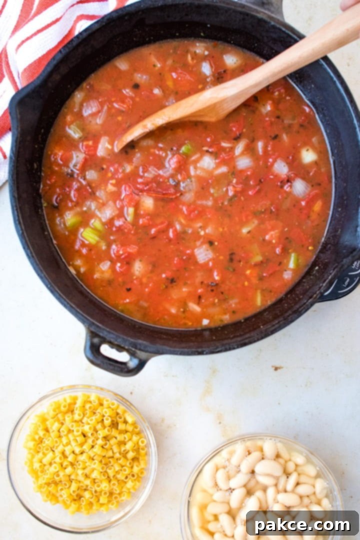 Pasta e Fagioli A cast iron stew pot with soup consisting of chopped celery and onions, tomatoes, chicken broth, and tomato sauce. There's a wooden spoon in the soup. There's a clear glass bowl of ditalini pasta and a clear glass bowl of cannellini beans at the bottom of the photo.