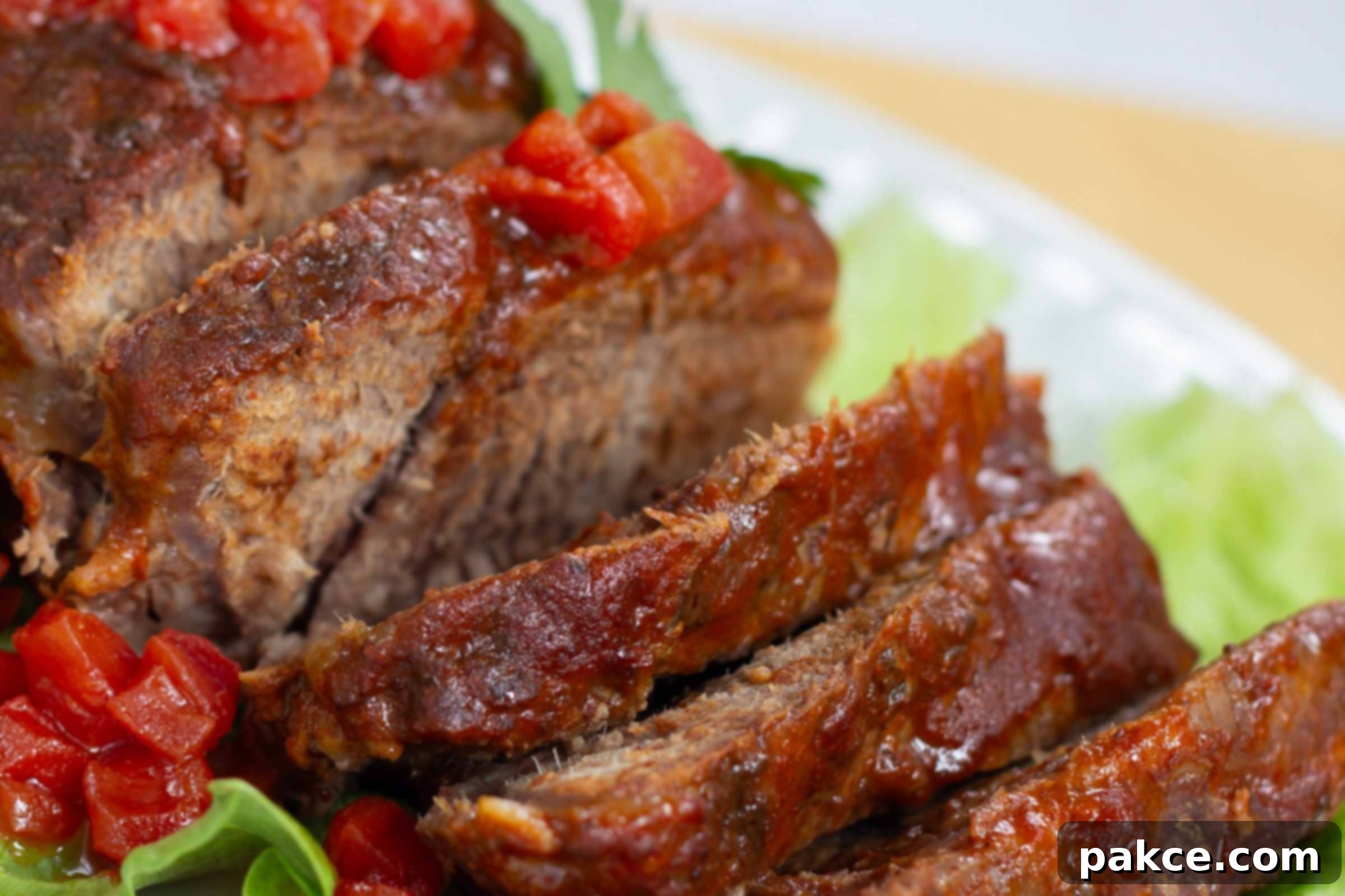 Sliced pot roast with diced tomatoes on top and a red sauce.