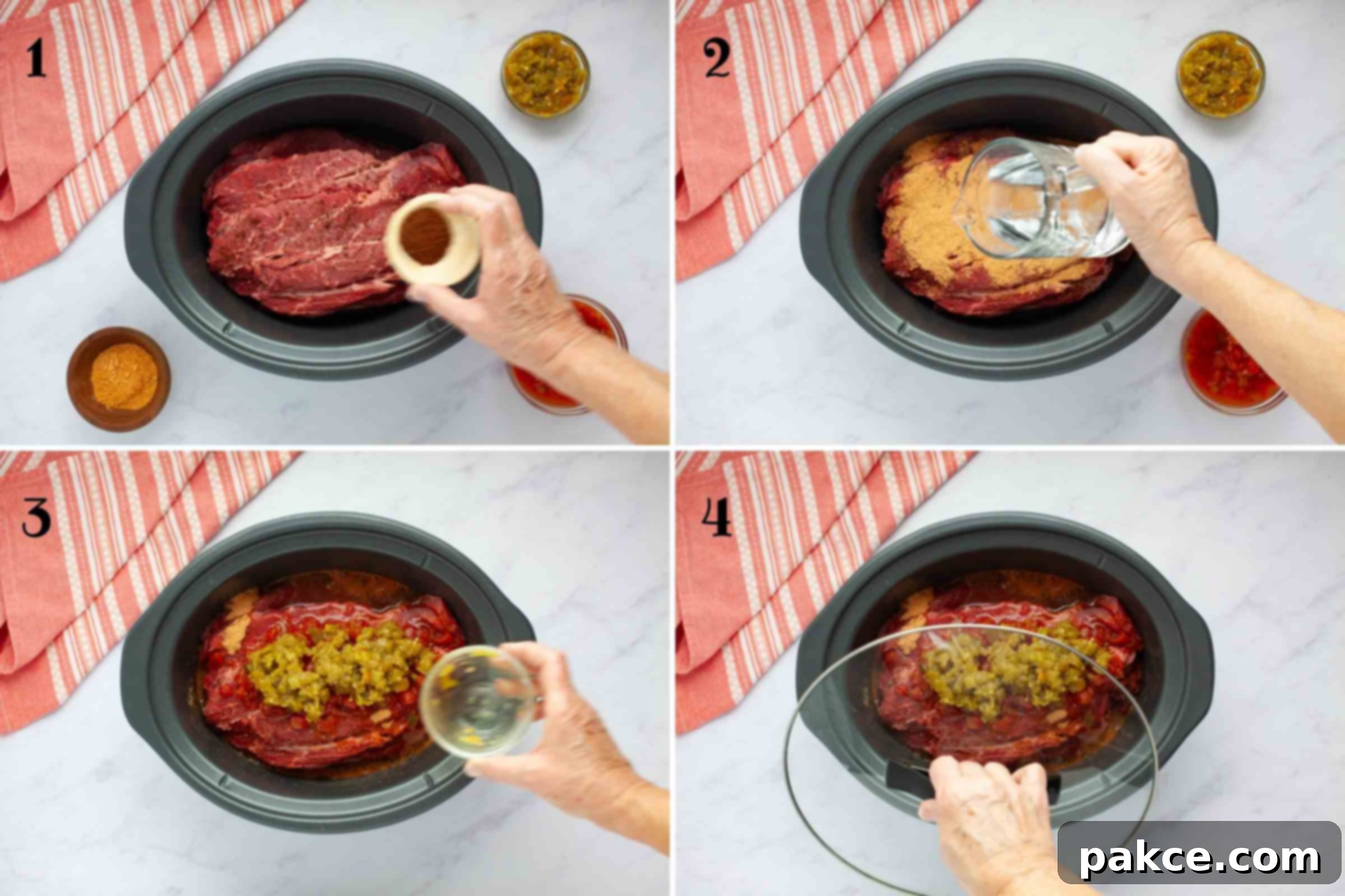 Tender Mexican Slow Cooker Pot Roast 3 Composite image: 1-chuck roast in a slow cooker with beef bouillon granules being added; 2-same after adding taco seasoning and water being added; 3- same after adding Rotel and green chiles; 4- covering the slow cooker with the lid.