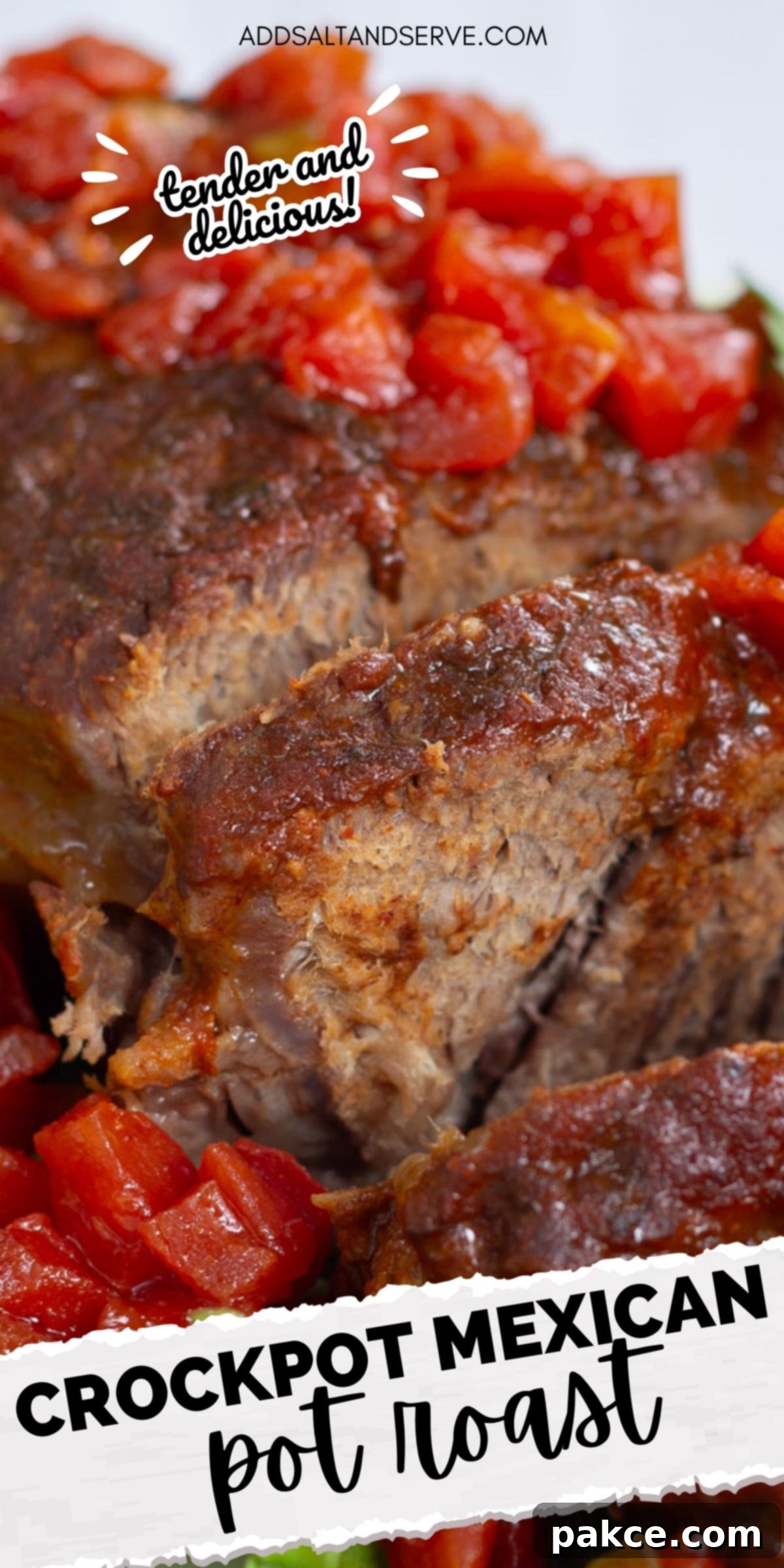 Mexican Style Pot Roast Sliced pot roast with diced tomatoes on top and a red sauce with text Crockpot Mexican Pot Roast - tender & delicious.