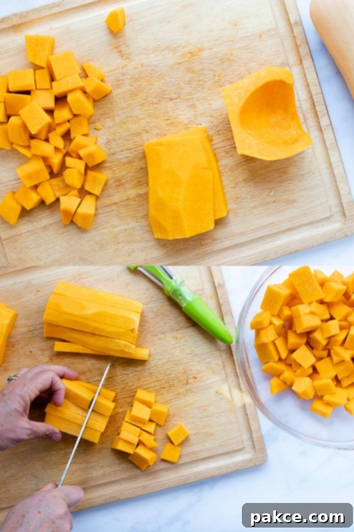 roasted-butternut-squash-candied-pecans-ip-1-min Composite image showing the preparation of butternut squash: top image features peeled, halved, and cubed squash on a cutting board, while the bottom image illustrates hands using a knife to cube squash with a bowl of prepared cubes nearby.