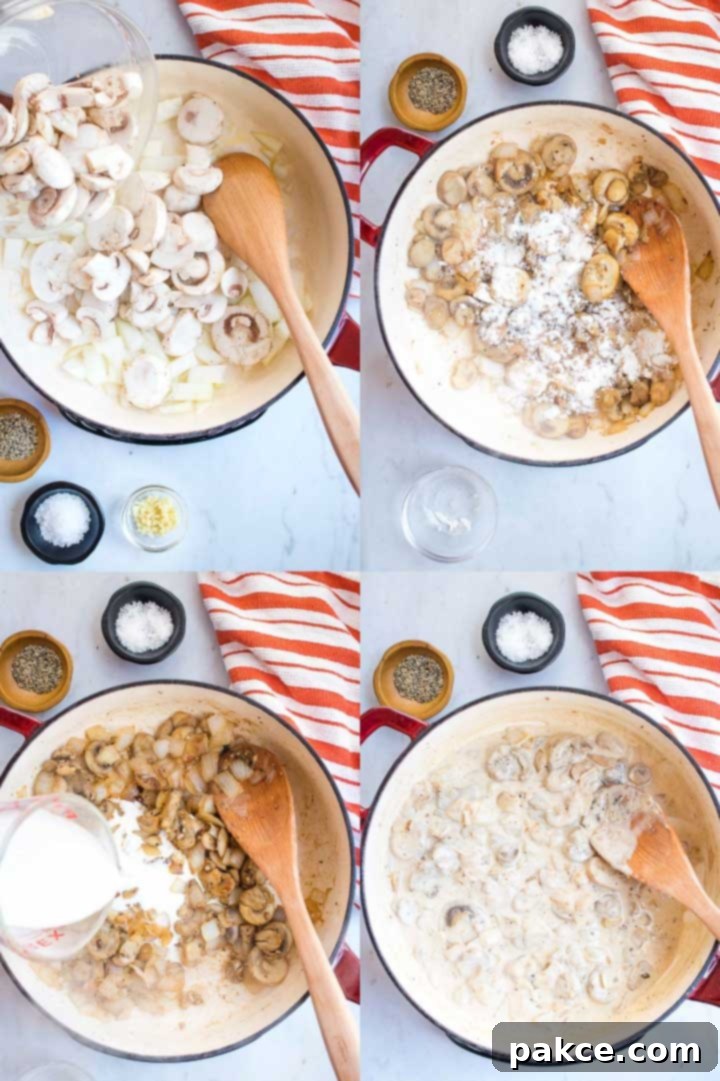 better-green-bean-casserole-ip-1-min Composite image showing the step-by-step process of making the homemade cream sauce: sautéing mushrooms and garlic, adding flour to thicken, incorporating heavy cream, and the final creamy mushroom sauce.