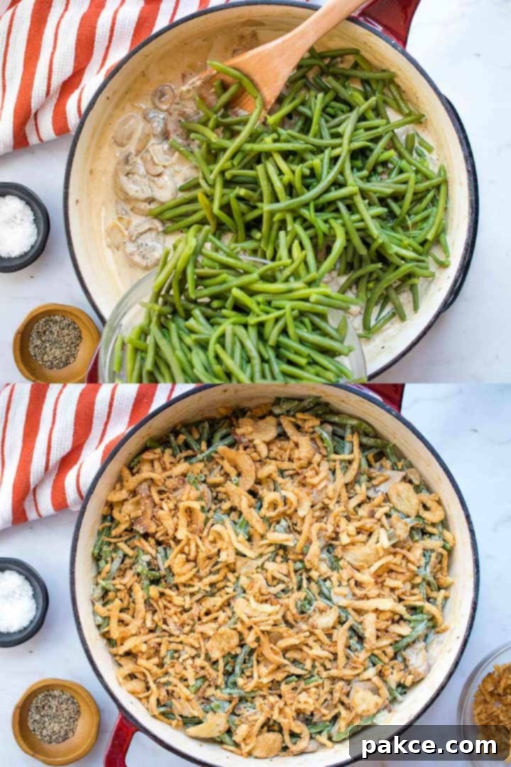 better-green-bean-casserole-ip-2-min Composite image showing blanched green beans being added to the creamy mushroom sauce in a skillet, and the finished green bean casserole topped with crunchy French fried onions.