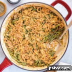 Homestyle Green Bean Mushroom Bake 3 Fresh Green Bean Casserole in a skillet, a perfect homemade side dish.