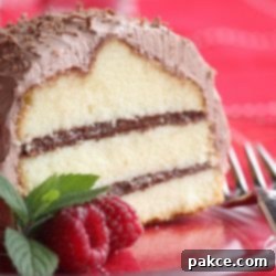 Layered Pound Cake with Fluffy Chocolate Frosting 2 pound cake with layers of chocolate hazelnut cream frosted with chocolate cool whip frosting on a plate garnished with raspberries