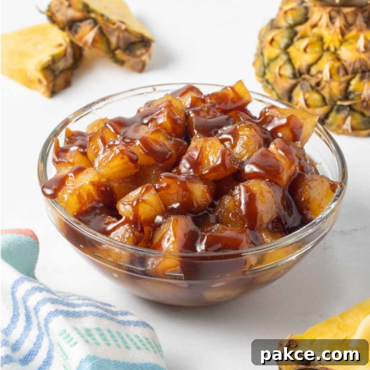 Bowl of caramelized pineapple chunks drizzled with caramel sauce beside a tea towel, sliced pineapple, and a pineapple top on a counter.