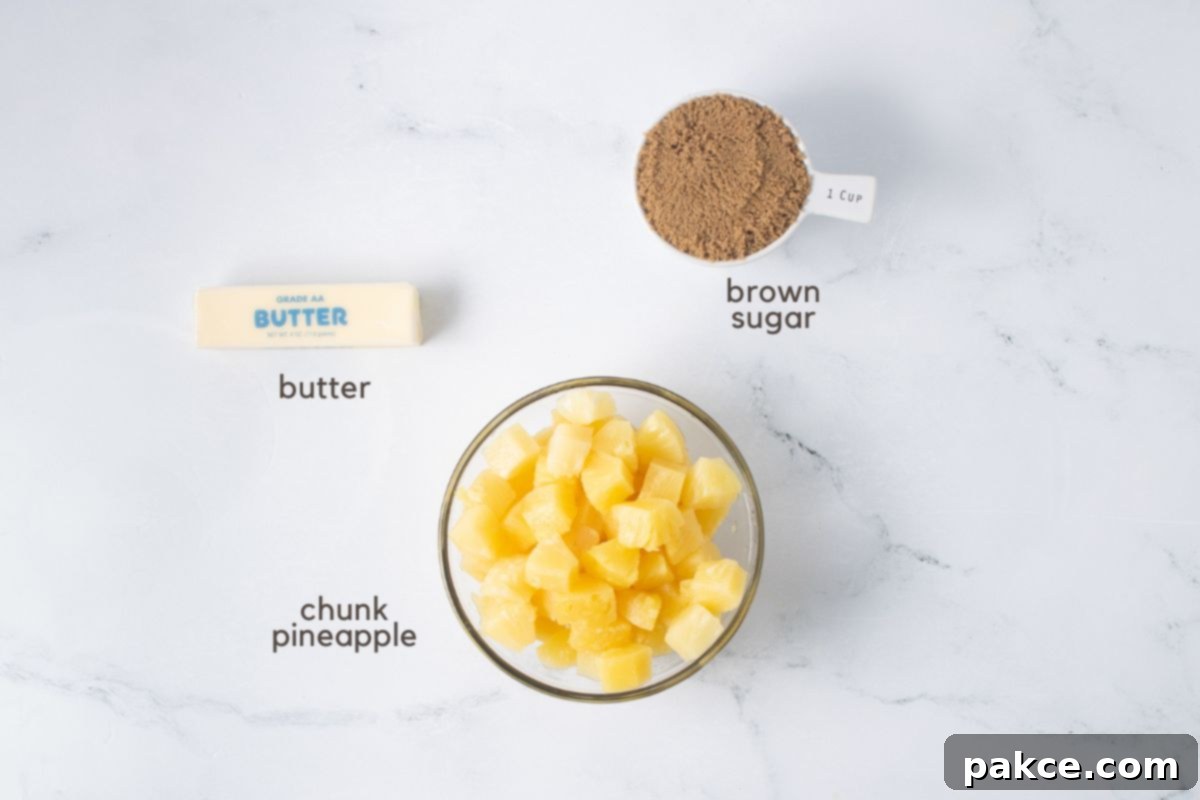 Effortless 3-Ingredient Caramelized Pineapple 3 Ingredients for caramelized pineapple: 1 stick butter, 1 cup brown sugar, and chunk pineapple.