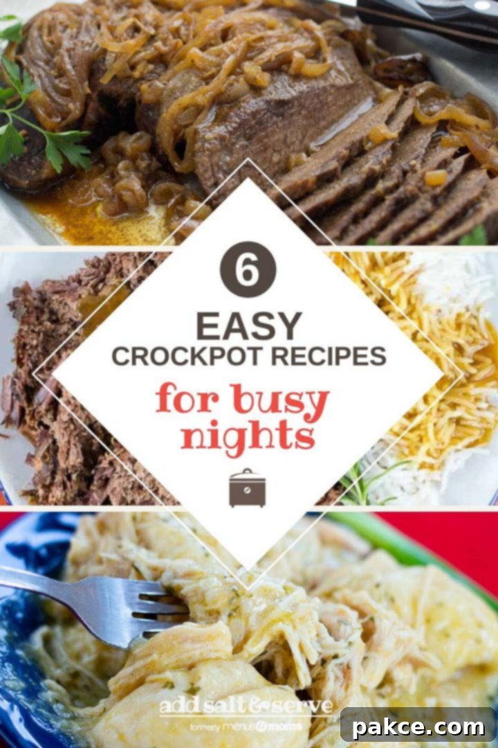 Composite image featuring photos of appetizing chicken & dumplings, tender London broil, rich roast beef and gravy, and comforting albondigas (meatball) soup, with text overlay '6 easy and delicious crockpot recipes for busy nights'