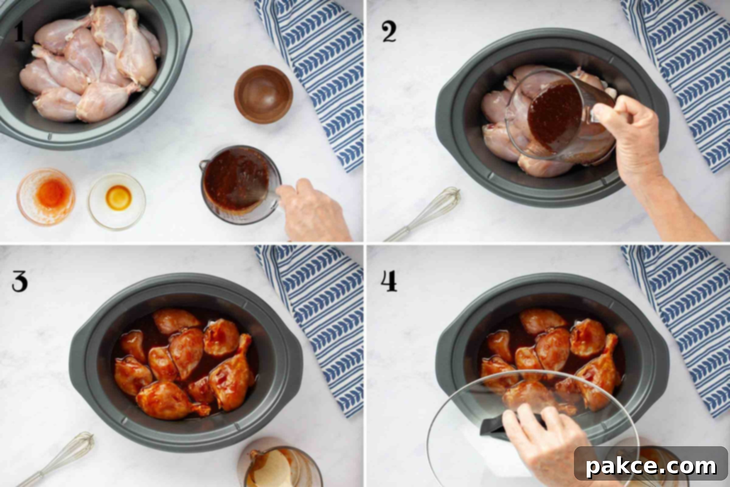 Effortlessly Tender Slow Cooker Chicken Legs 4 Composite image showing four steps to prepare crockpot chicken legs: 1. raw chicken legs in slow cooker with sauce ingredients nearby, 2. sauce being poured over chicken, 3. chicken covered in sauce in slow cooker, 4. lid placed on slow cooker, illustrating the simple process.