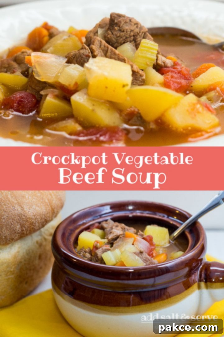 Top photo is a closeup of vegetable beef stew in a white bowl. Bottom photo is a brown and white soup bowl with vegetable beef soup and a spoon, next to a loaf of bread. Text Crockpot Vegetable Beef Soup Add Salt & Serve formerly Menus4Moms