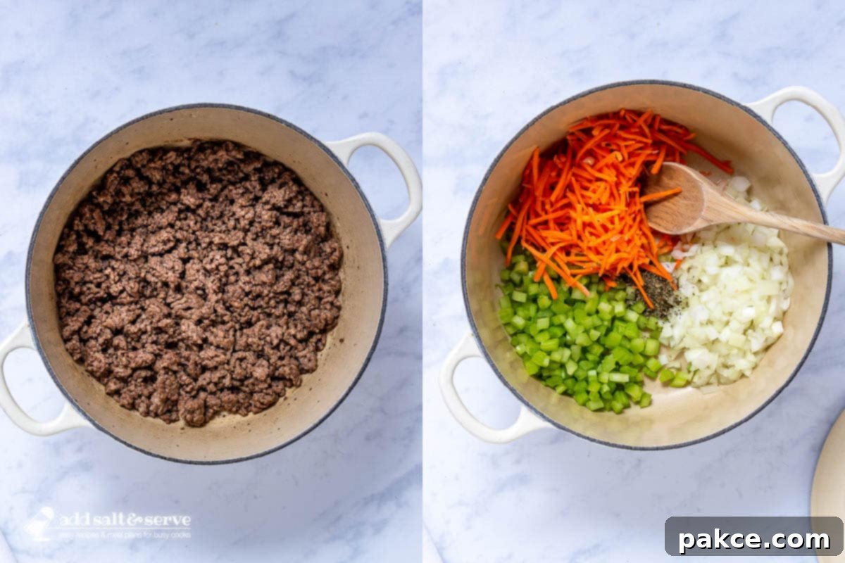 Creamy Velveeta Cheeseburger Soup 4 Composite image showing cooked ground beef in a soup pot on the left, and diced celery, shredded carrots, and chopped onions sautéing in the same pot on the right.