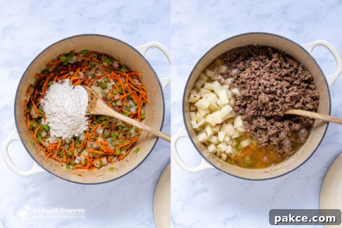 Creamy Velveeta Cheeseburger Soup 5 Composite image showing flour being added to sautéed vegetables on the left, and then chopped potatoes, cooked ground beef, and broth added to the pot on the right.