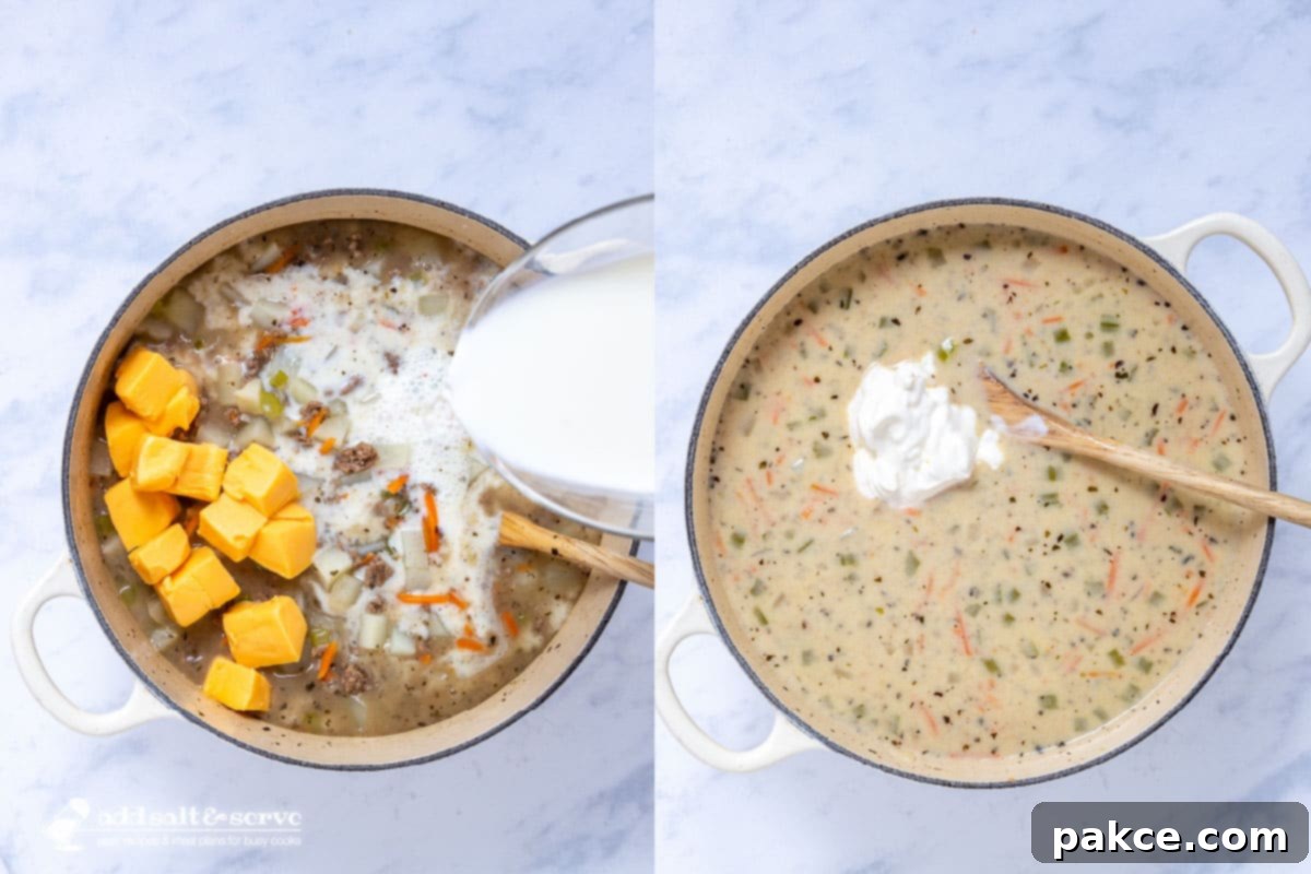 Creamy Velveeta Cheeseburger Soup 6 Composite image showing Velveeta cheese and milk being added to the soup on the left, and the finished soup with sour cream added but not yet stirred in on the right.