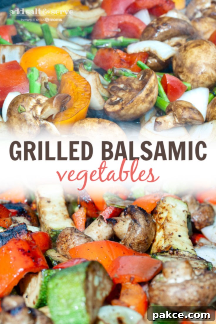 Balsamic grilled vegetables with text Grilled Balsamic Vegetables - Add Salt & Serve logo