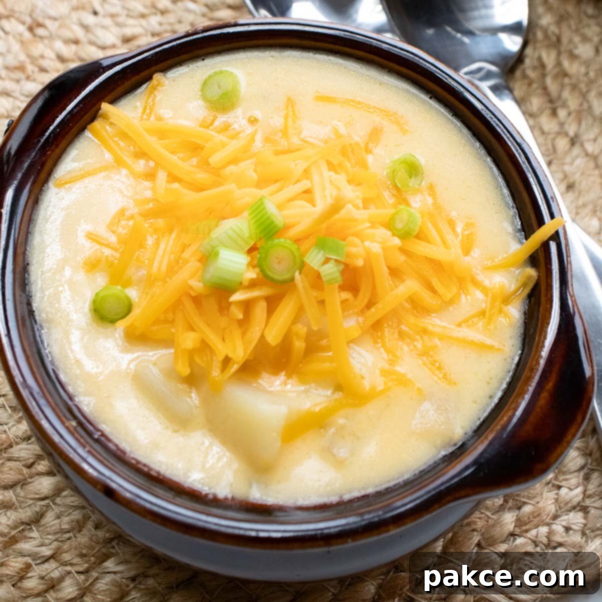 A steaming bowl of creamy potato soup with hash browns, garnished with shredded cheddar cheese and fresh green onions.