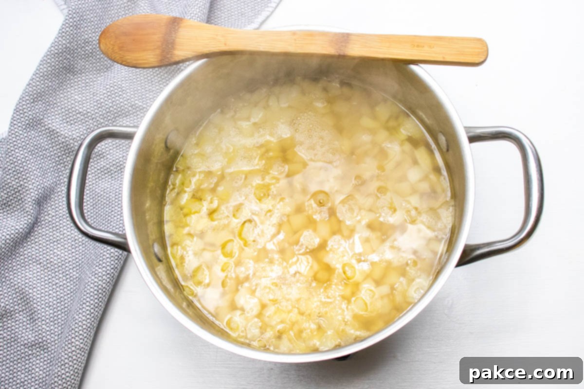 30 Minute Crispy Hash Brown Potato Soup 2 A soup pot containing sautéed onions, chicken broth, and frozen hash browns, simmering on the stove.