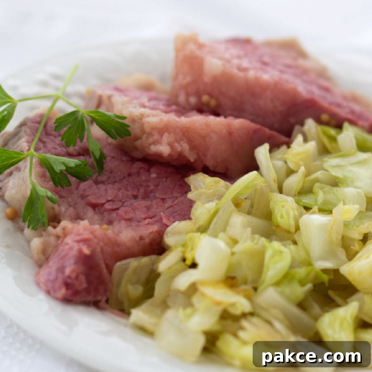 Corned beef and cabbage on a white plate garnished with a sprig of parsley.