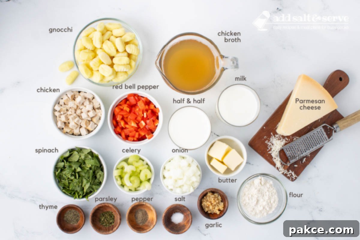 Recreate Olive Garden's Chicken Gnocchi Soup at Home 3 Ingredients for Copycat Olive Garden Chicken Gnocchi Soup, neatly arranged and labeled.