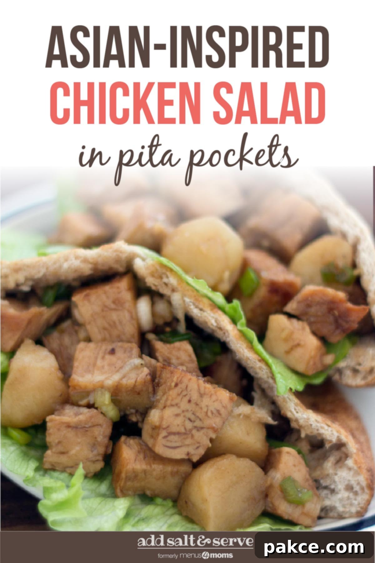 Pinterest Pin image for Asian-Inspired Chicken Pita Pockets recipe featuring diced chicken in a lettuce-lined pita on a white plate with text overlay for Add Salt & Serve