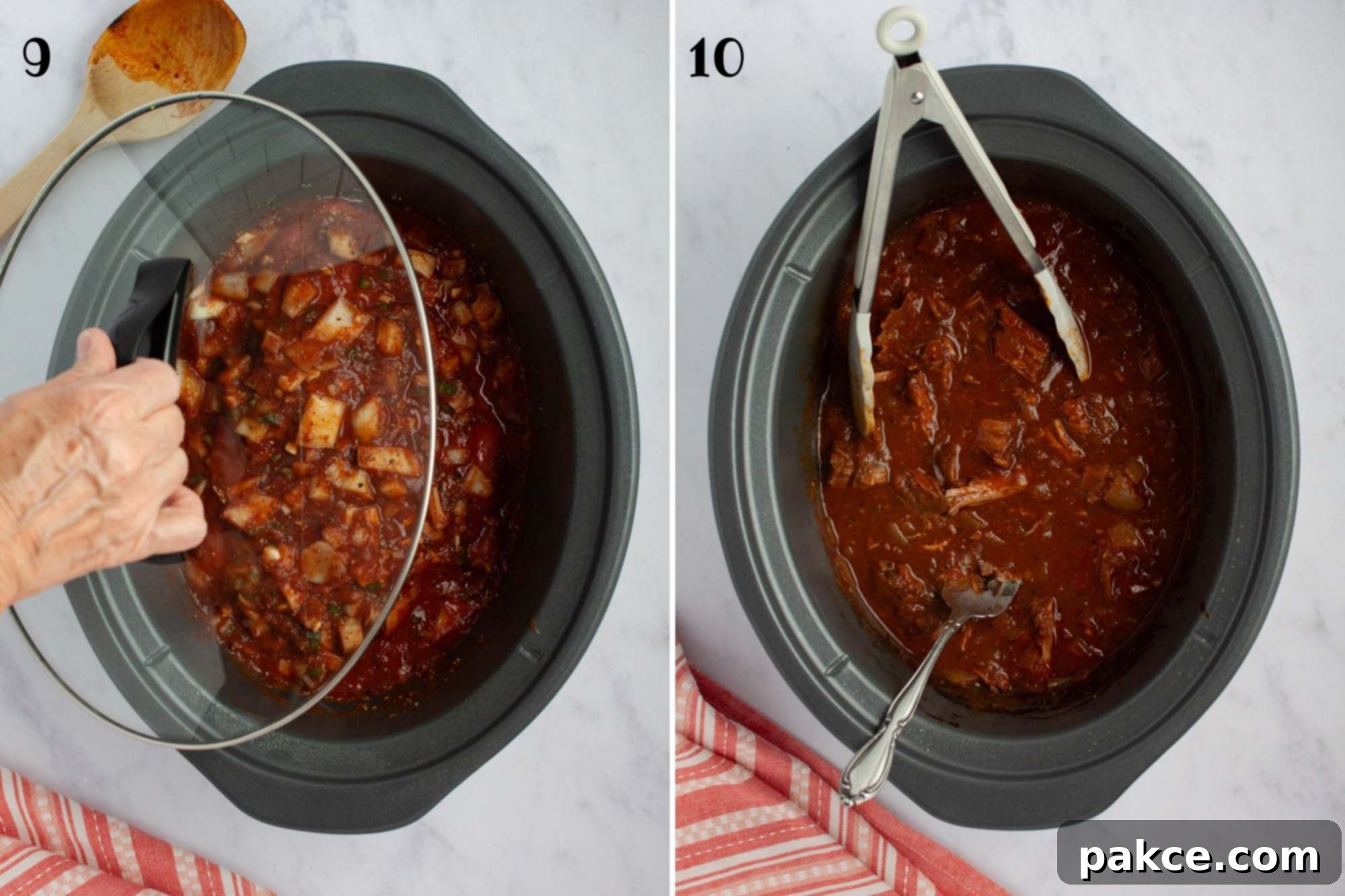 Slow Cooker Shredded Beef Burritos 6 Composite image: 9 - putting a lid on a slow cooker with a roast and red sauce with chopped aromatics; 10- same roast in slow cooker after cooking and shredding the meat.