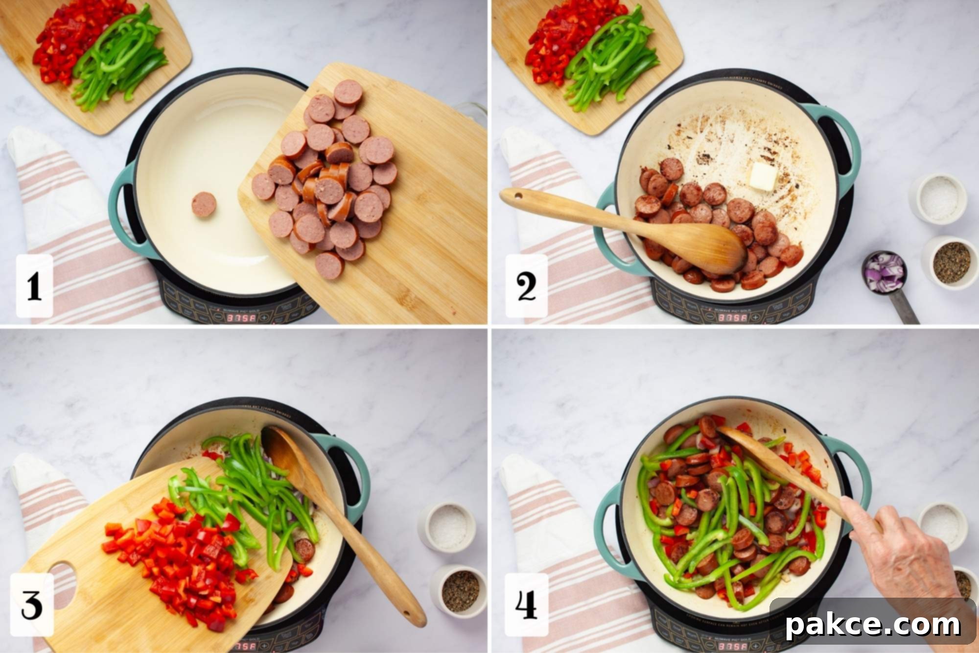 Hearty 20 Minute Kielbasa Pepper Pasta 4 Composite image: 1- sliced kielbasa on a cutting board being put into a pan; 2- cooked sliced kielbasa pushed to the side of a pan with a wooden spoon with a pat of butter beside it; 3- red and green bell peppers being added to red onion and kielbasa in a pan; 4- stirring sliced kielbasa, sliced green bell pepper, chopped red onion, and chopped red bell pepper in a pan.