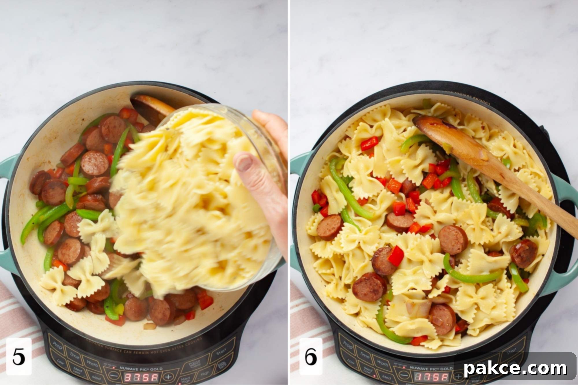 Hearty 20 Minute Kielbasa Pepper Pasta 5 Composite image: 5- adding cooked bowtie pasta to a pan of cooked sliced kielbasa and vegetables; 6- pan with sliced kielbasa, bowtie pasta, and sliced colorful vegetables stirred with a wooden spoon.