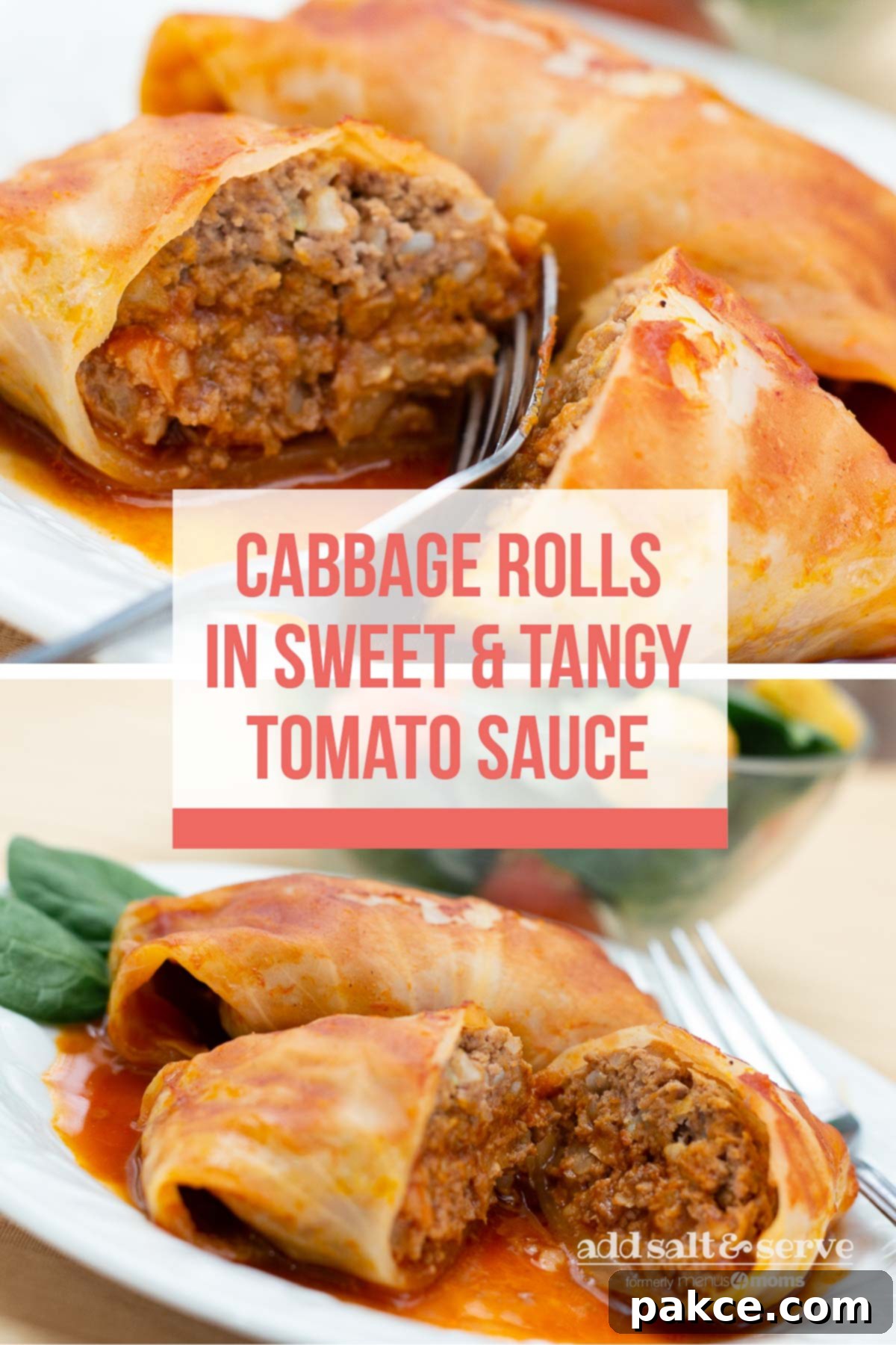Hearty Cabbage Wraps 4 Composite image: Top is closeup of cabbage rolls in a tomato sauce on a white plate with a fork. Bottom is cabbage rolls in a tomato sauce on a white plate with a fork. Text is Cabbage Rolls in Sweet & Tangy Tomato Sauce - Add Salt & Serve logo