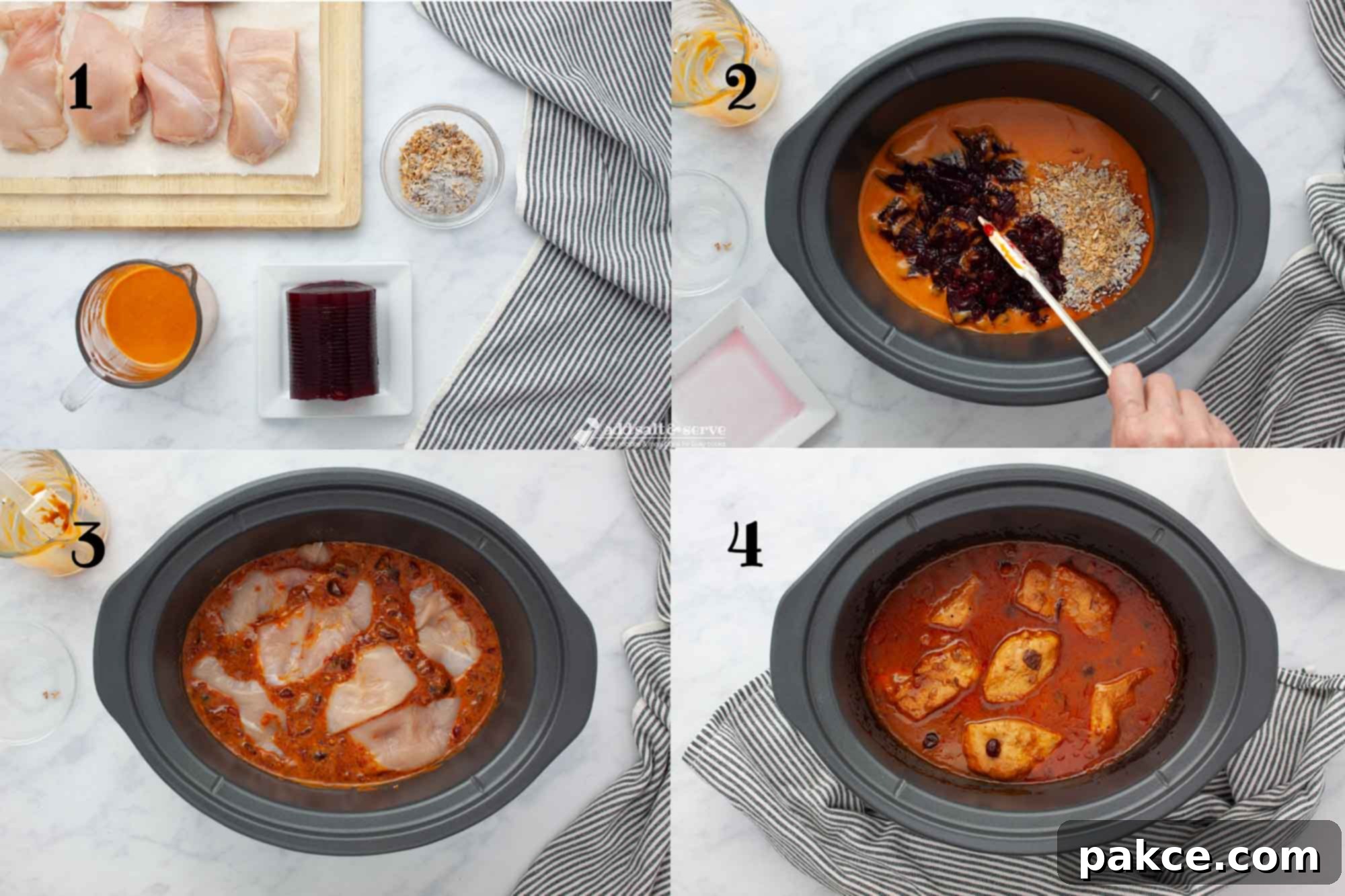 Slow Cooker Zesty Cranberry French Chicken 4 Composite image: 1 - Pieces of uncooked boneless, skinless chicken breast on a cutting board, a measuring cup with French dressing, whole berry cranberry sauce on a plate, and a small bowl of onion soup mix on a counter, 2 - the French dressing, cranberry sauce, and onion soup mix being mixed in a crockpot; 3 - the sauce mixture in the crock pot with 6 pieces of boneless skinless chicken breast nestled in the sauce; 4 - the chicken in the crockpot after cooking.