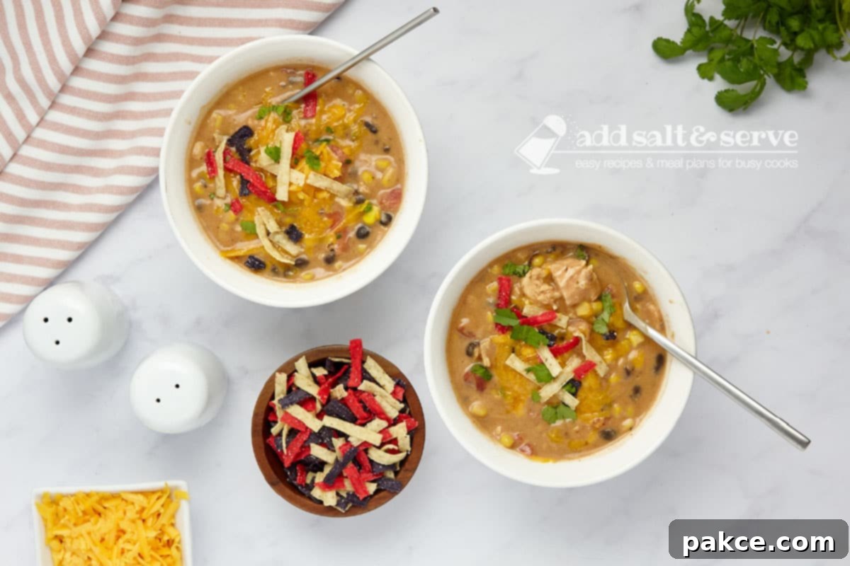 Two bowls of creamy chicken enchilada soup garnished with shredded cheddar cheese, fresh cilantro, and crispy tortilla strips, ready to be enjoyed.