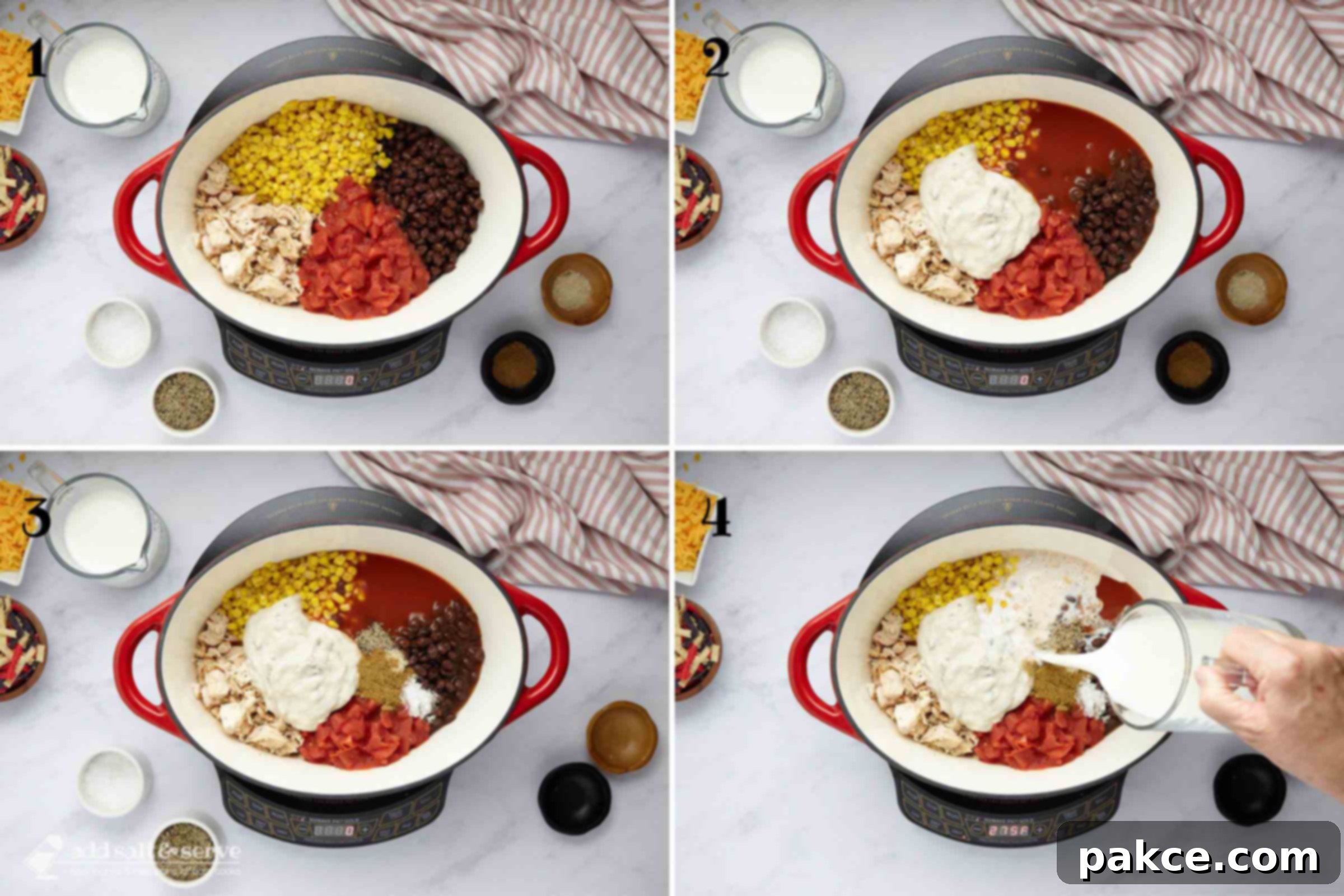 15 Minute Creamy Chicken Enchilada Soup 4 A four-panel composite image illustrating the simple steps to make chicken enchilada soup: 1. Adding chicken, tomatoes, corn, and beans to a pot. 2. Adding cream of mushroom soup and enchilada sauce. 3. Adding seasonings. 4. Pouring milk into the mixture.