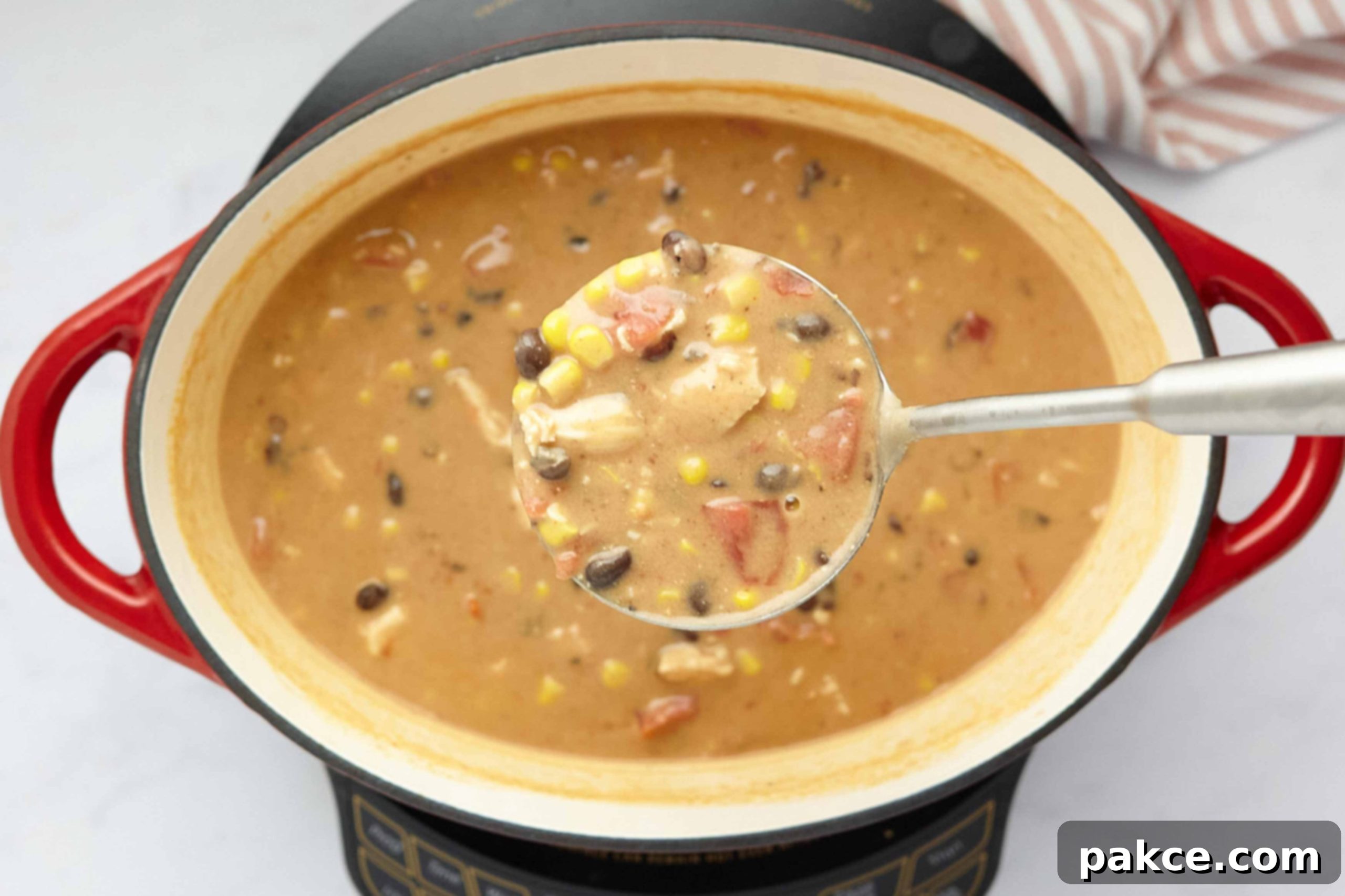 15 Minute Creamy Chicken Enchilada Soup 5 A ladle scooping a generous portion of creamy chicken enchilada soup from a Dutch oven, showcasing the colorful chicken, diced tomatoes, black beans, and corn.